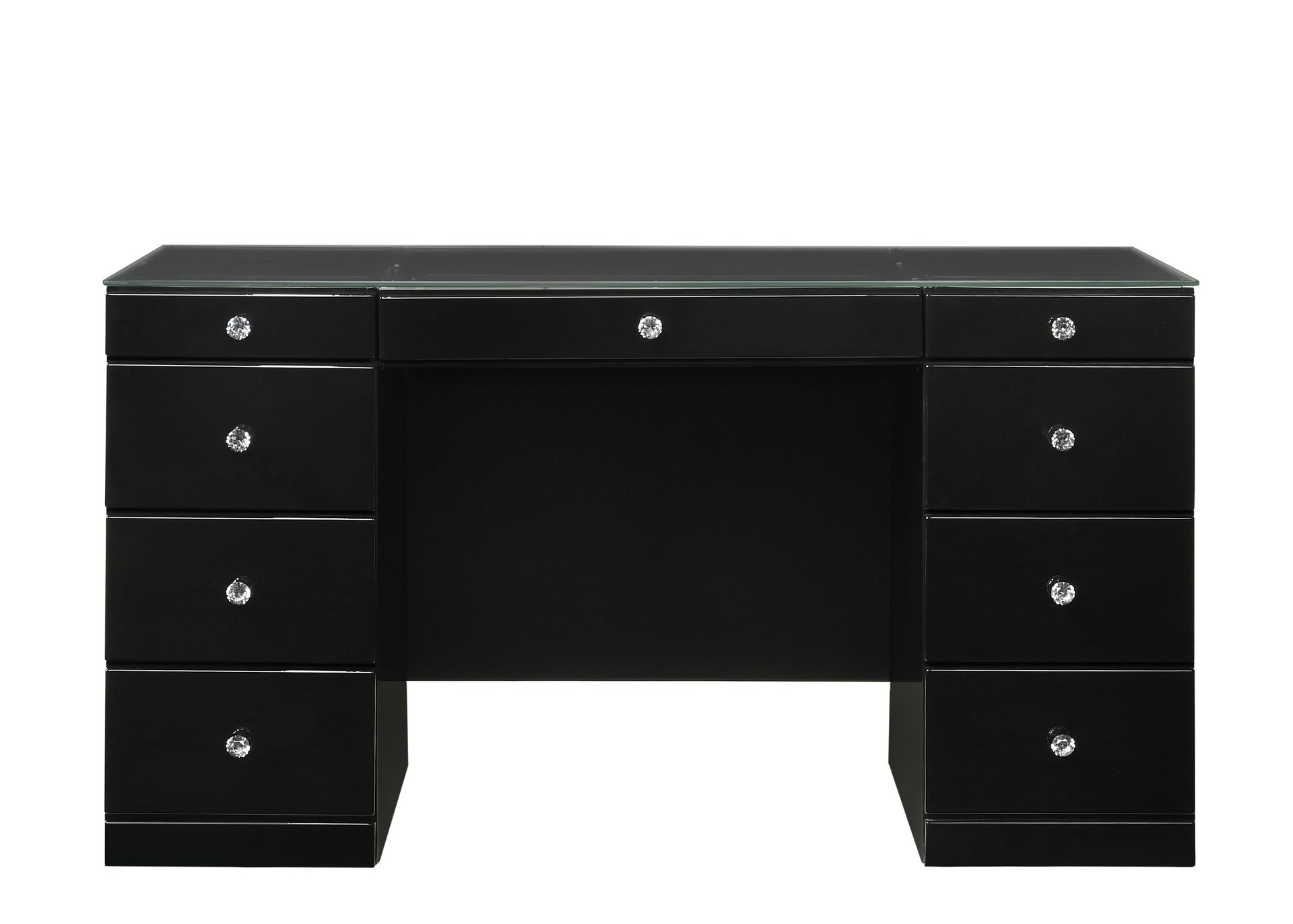 1pc Glam Makeup Vanity Table Glass Top 9 Drawers Knobs Black Wooden Bedroom Furniture