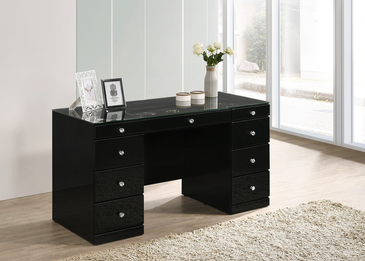 1pc Glam Makeup Vanity Table Glass Top 9 Drawers Knobs Black Wooden Bedroom Furniture