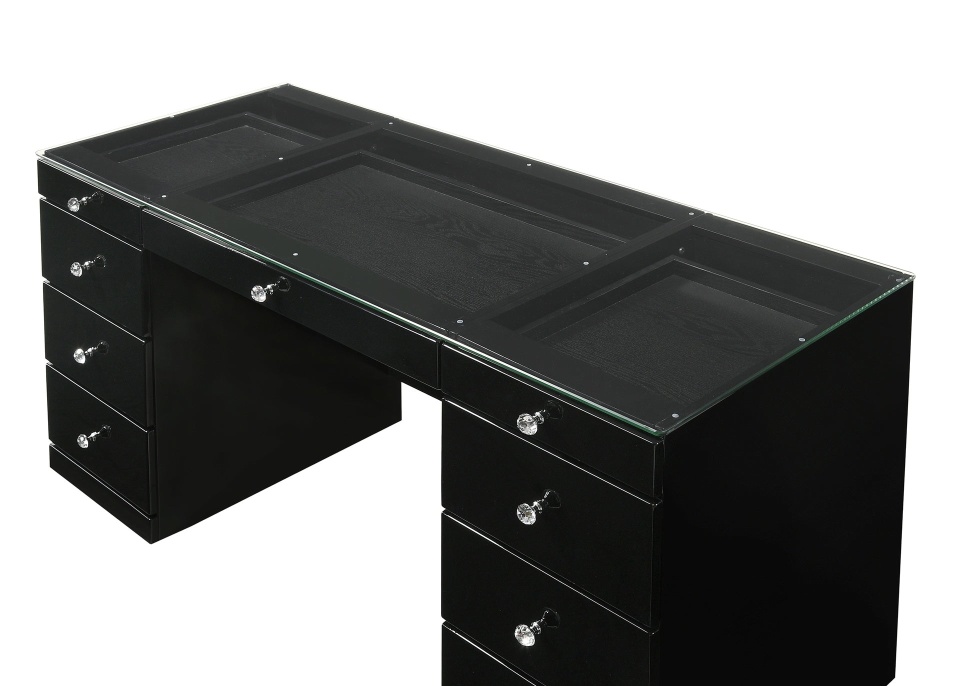 1pc Glam Makeup Vanity Table Glass Top 9 Drawers Knobs Black Wooden Bedroom Furniture