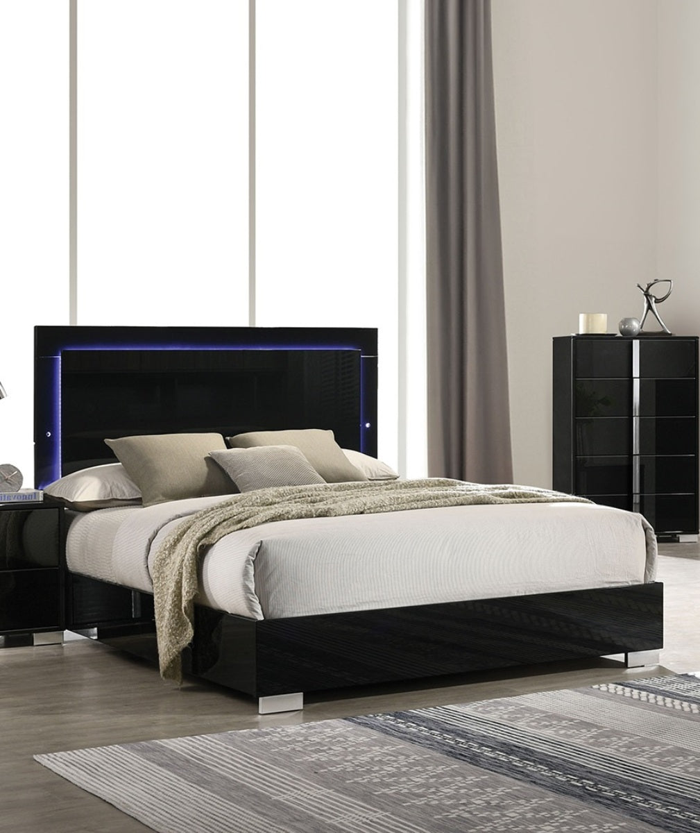 Contemporary Piano Black 1pc Queen Size Bed w LED Headboard UV Finish Bedframe Bedroom Furniture