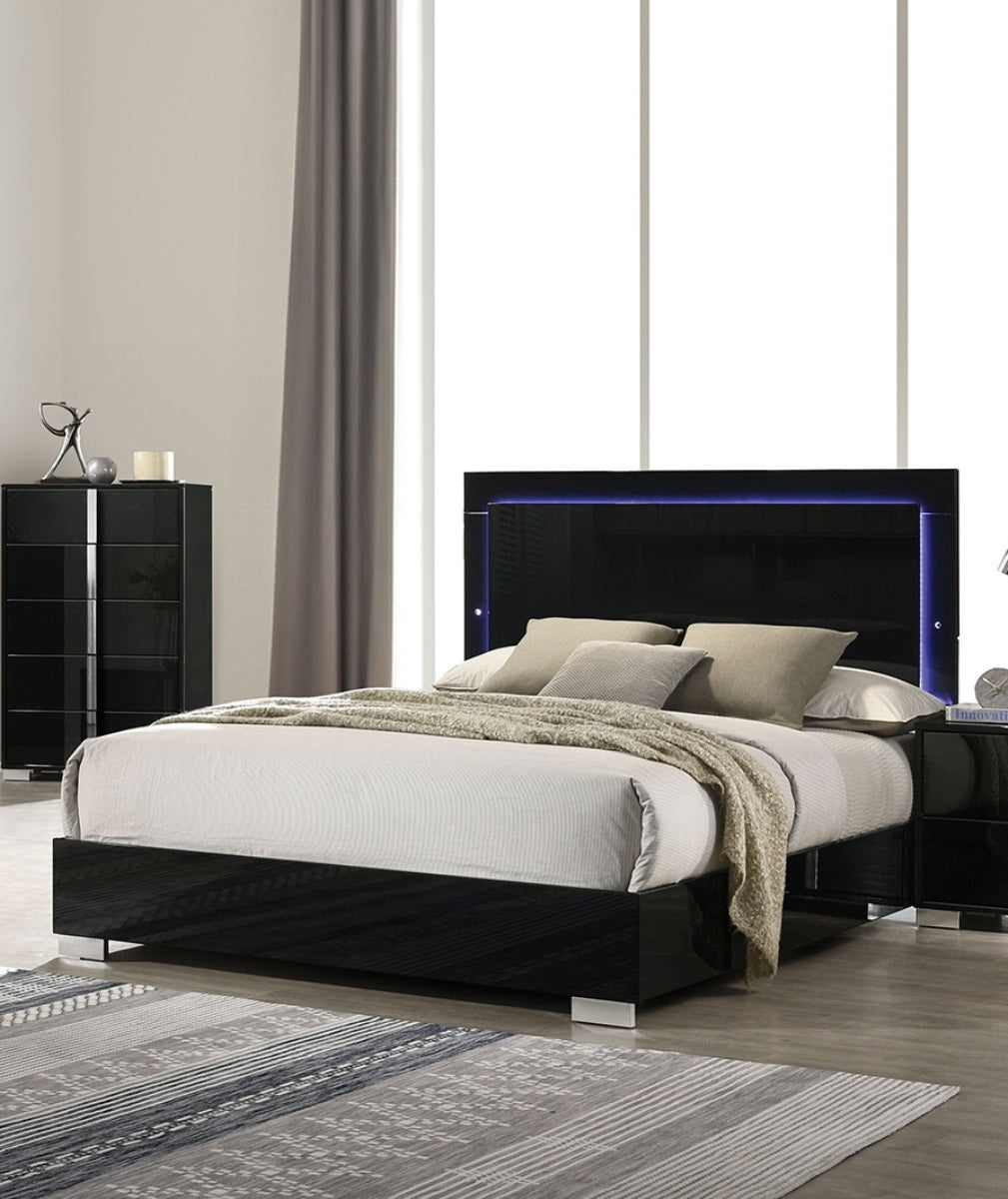 Contemporary Piano Black 1pc Queen Size Bed w LED Headboard UV Finish Bedframe Bedroom Furniture