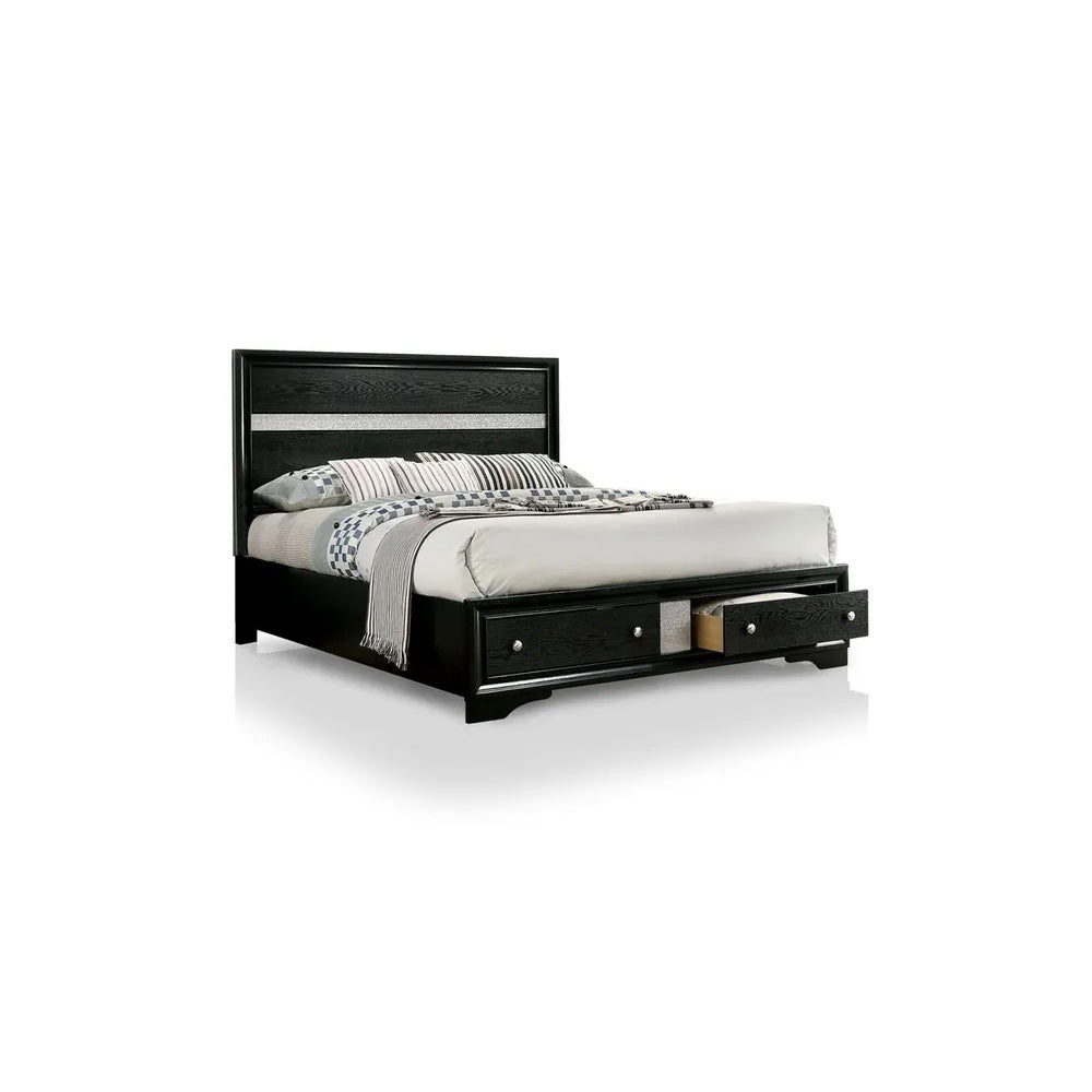 Contemporary Black Color Panel Headboard 1pc Queen Size Bed w Drawers Beautiful Bedroom Furniture