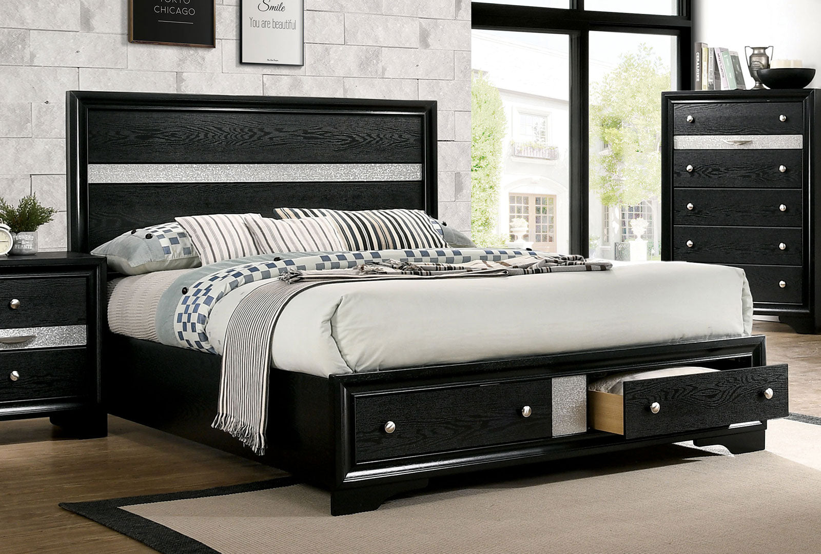 Contemporary Black Color Panel Headboard 1pc Queen Size Bed w Drawers Beautiful Bedroom Furniture