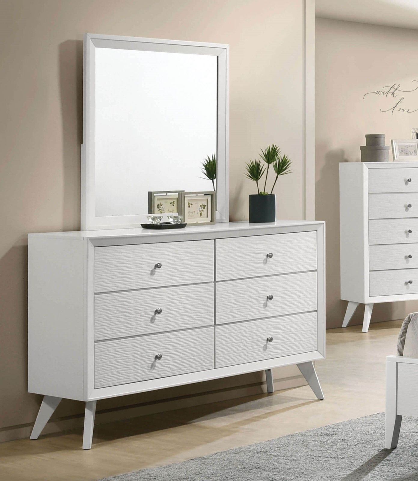 Contemporary Style 1pc Dresser Angled Legs Round Bronze Knobs White Bedroom Solidwood Furniture