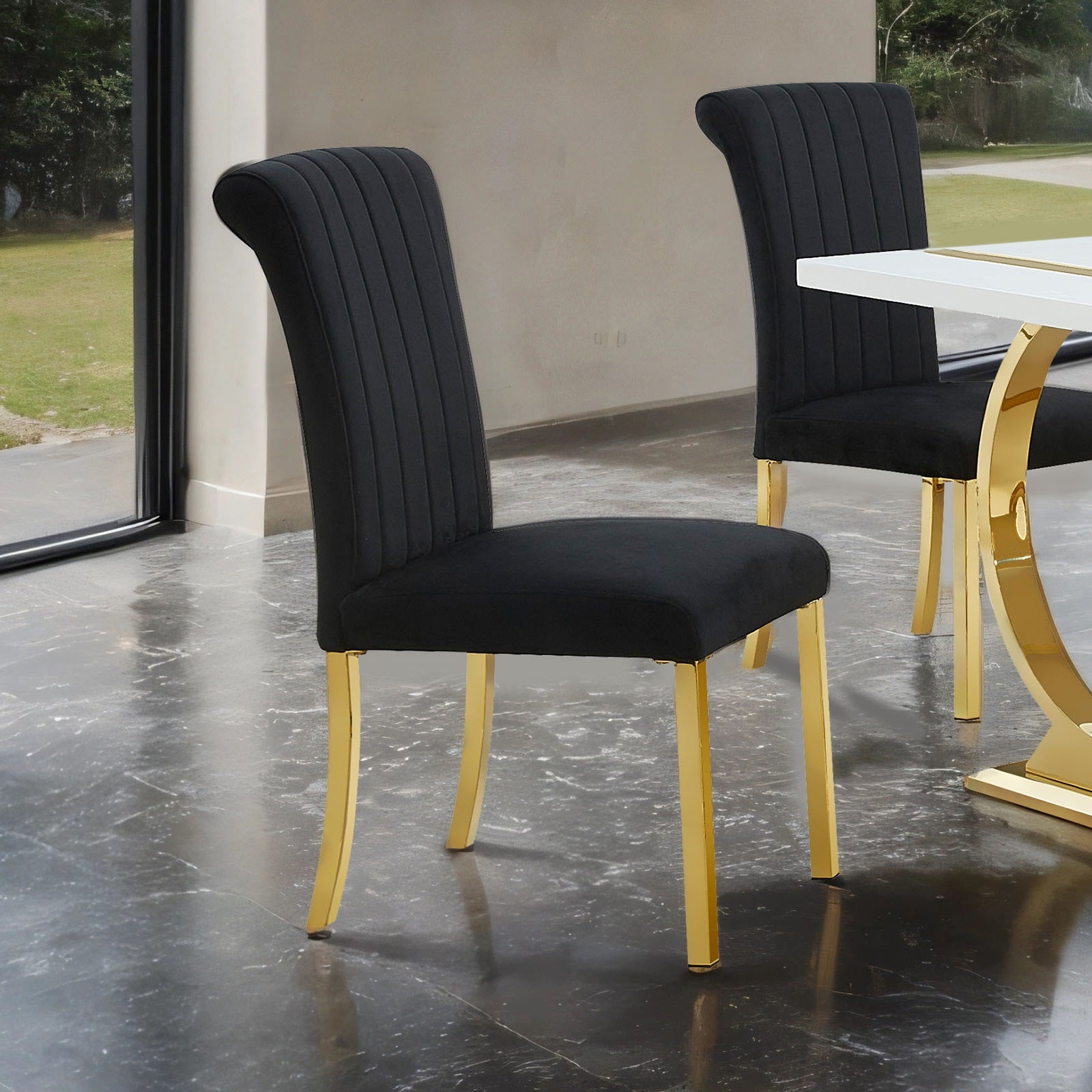 Contemporary Style 2pc Side Chair Channel Tufted Back Seat Stainless Steel O-Shaped Legs With Trestle Base Gold And Black Finish