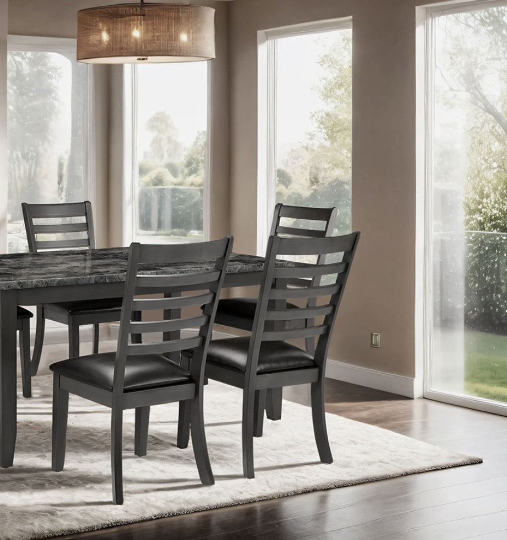 Simple Classic Dark Gray 7pc Dining Set Faux Marble Top Dining Table 6xSide Chairs Leatherette Seats Dining Room Furniture