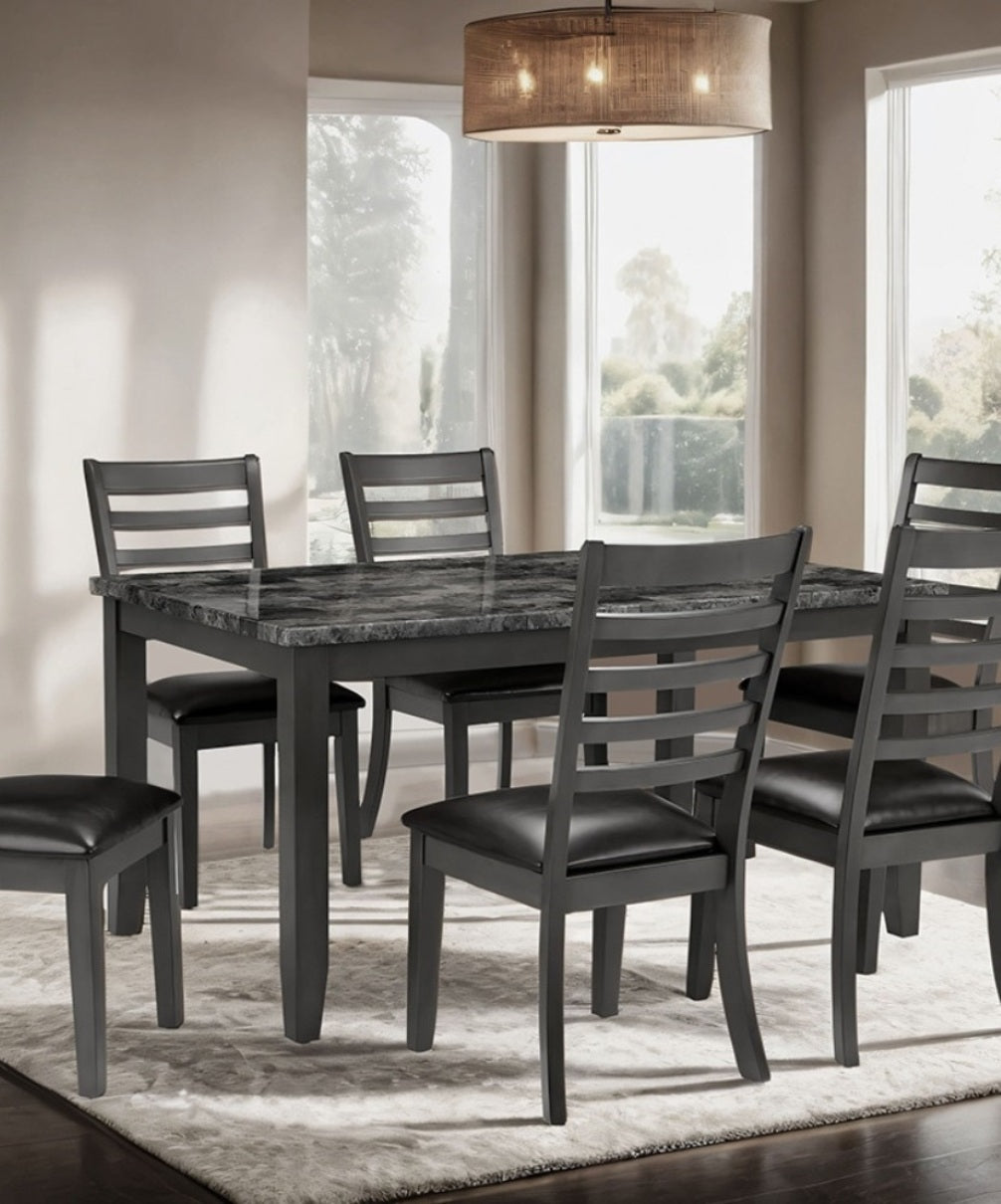 Simple Classic Dark Gray 7pc Dining Set Faux Marble Top Dining Table 6xSide Chairs Leatherette Seats Dining Room Furniture