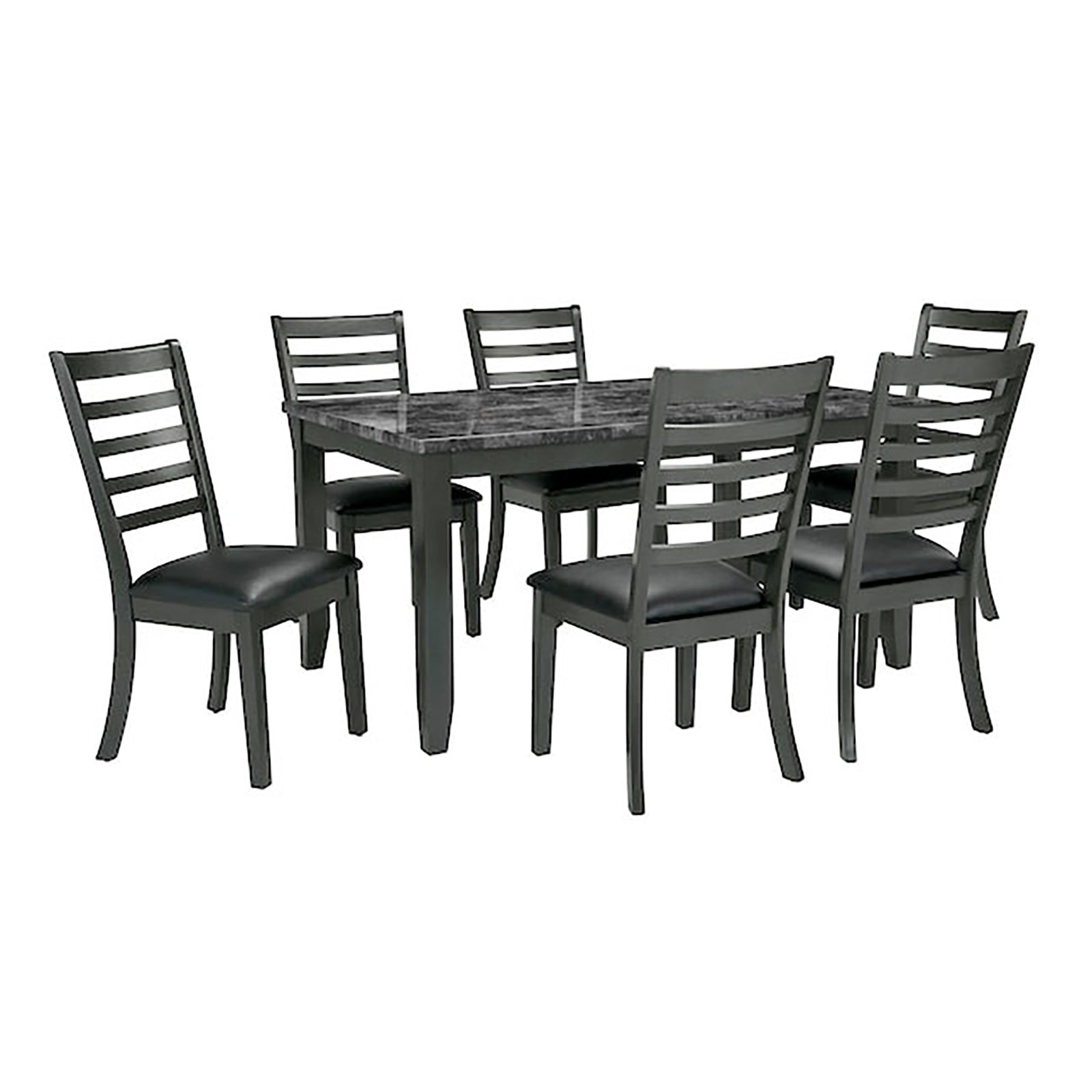 Simple Classic Dark Gray 7pc Dining Set Faux Marble Top Dining Table 6xSide Chairs Leatherette Seats Dining Room Furniture