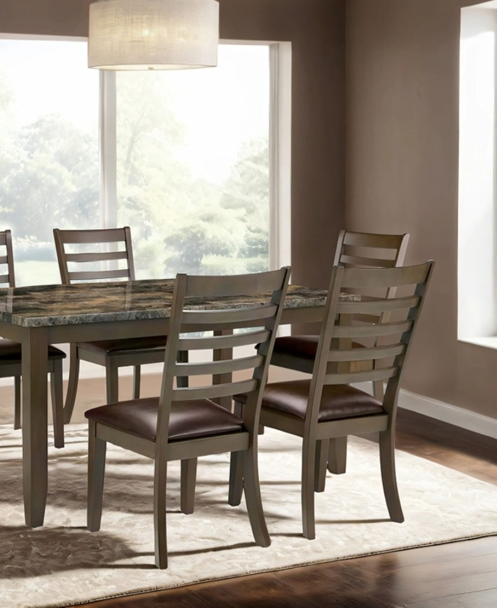 Simple Classic Brown 7pc Dining Set Faux Marble Top Dining Table 6xSide Chairs Leatherette Seats Dining Room Furniture