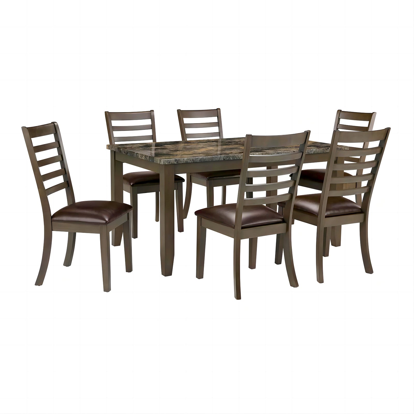 Simple Classic Brown 7pc Dining Set Faux Marble Top Dining Table 6xSide Chairs Leatherette Seats Dining Room Furniture