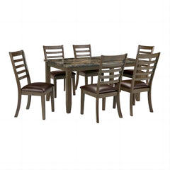 Simple Classic Brown 7pc Dining Set Faux Marble Top Dining Table 6xSide Chairs Leatherette Seats Dining Room Furniture