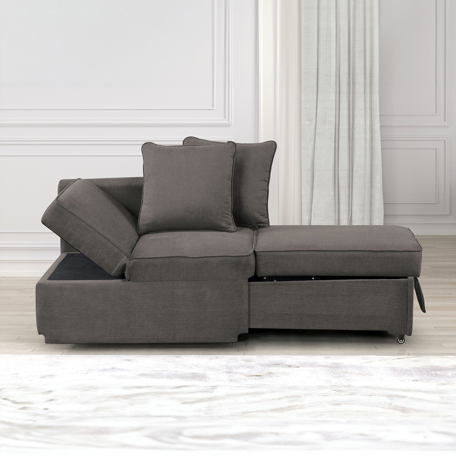 Convertible Chair 1pc Living Room Furniture Gray Fabric Adjustable Headrest Pillows Functional Chair