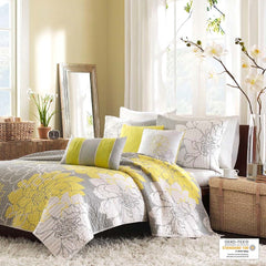 6 Piece Printed Cotton Quilt Set with Throw Pillows Taupe Grey/Yellow Full/Queen