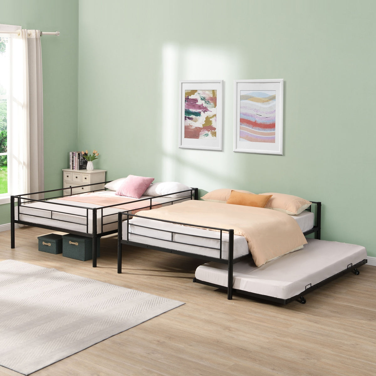 Full Over Full with trundle Metal Bunk Bed , No Box Spring Needed, Easy Assemble