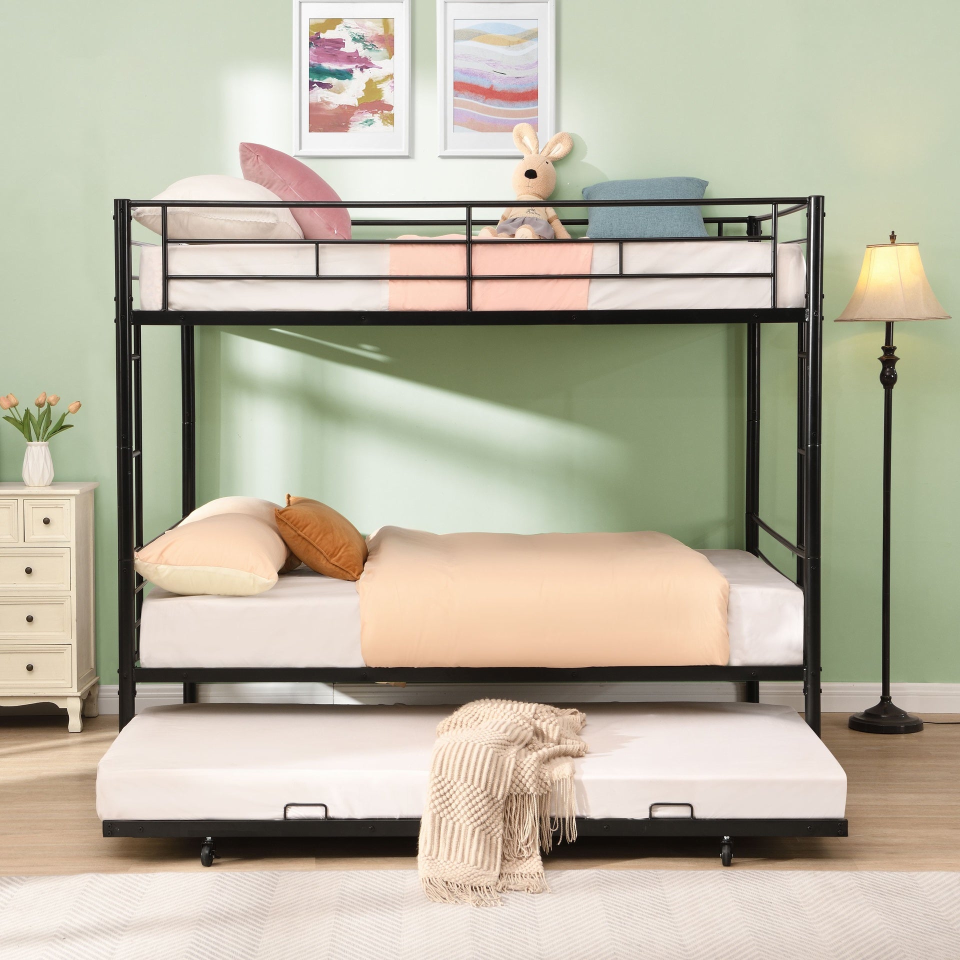Full Over Full with trundle Metal Bunk Bed , No Box Spring Needed, Easy Assemble