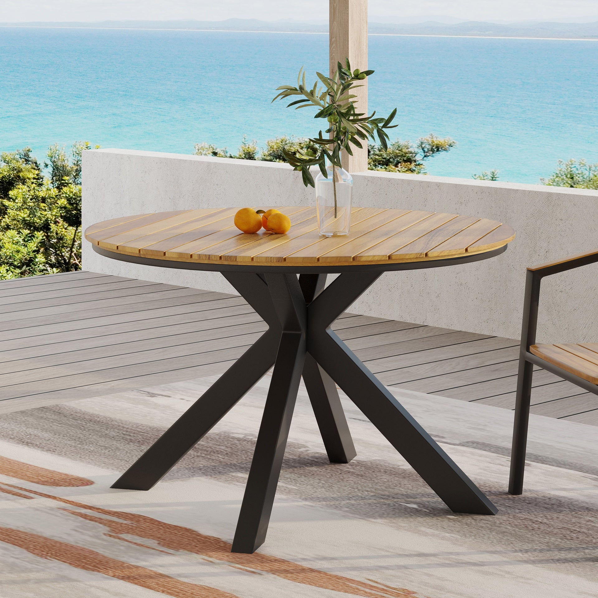 Outdoor Dining Table, Teak Acacia Wood Tabletop and Black Metal Leg