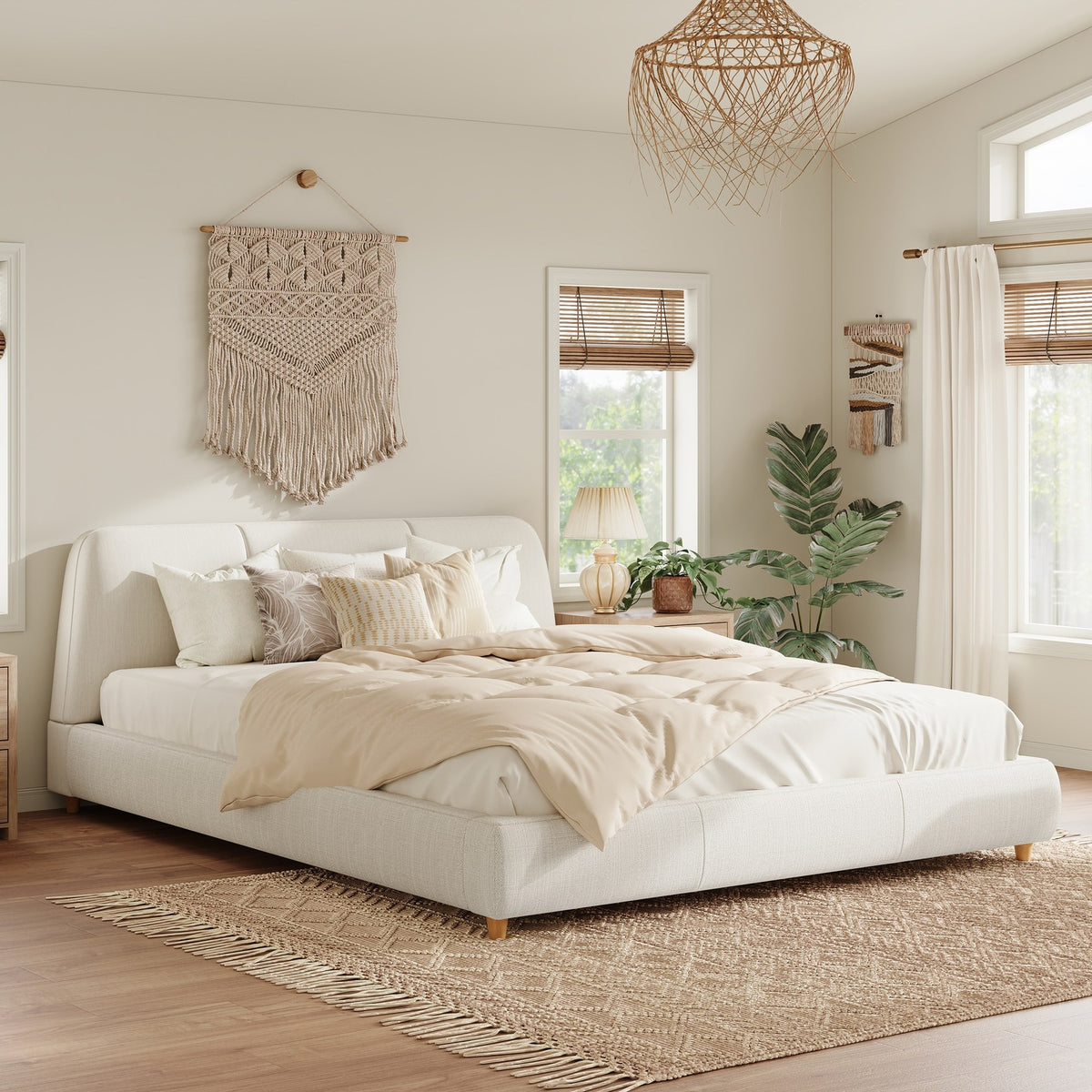 King Size Modern Upholstered Bed Frame with Linen Fabric and Solid Wood Legs, White