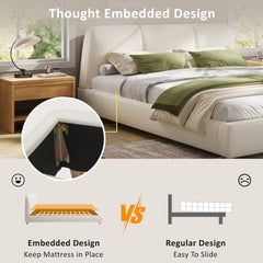 King Size Modern Upholstered Bed Frame with Linen Fabric and Solid Wood Legs, White