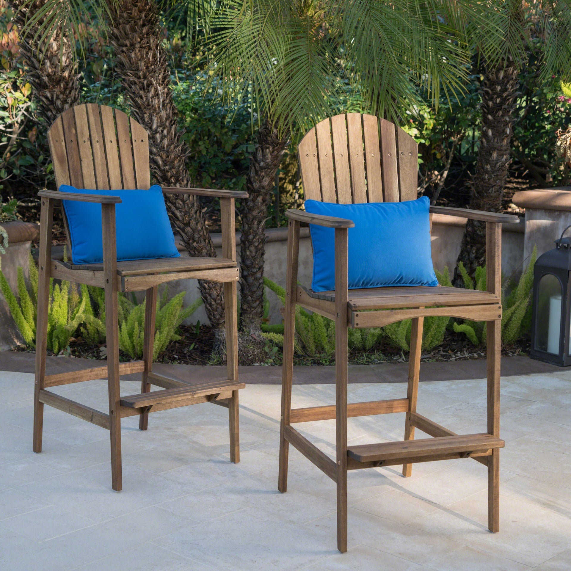 Outdoor Acacia Wood Adirondack Barstools, Set of 2, Natural Stained