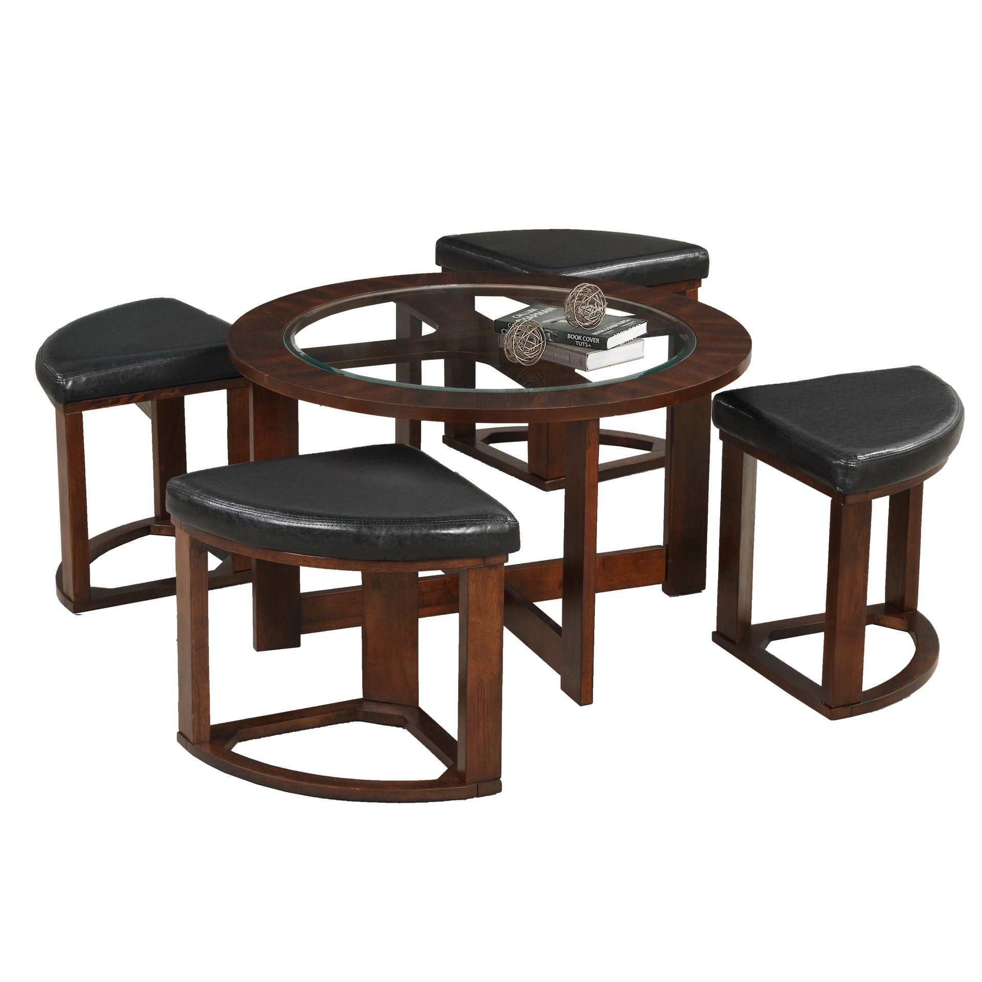 Cylina Solid Wood Glass Top Round Table Set, Coffee Table with 4 Stools