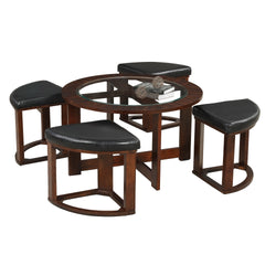 Cylina Solid Wood Glass Top Round Table Set, Coffee Table with 4 Stools