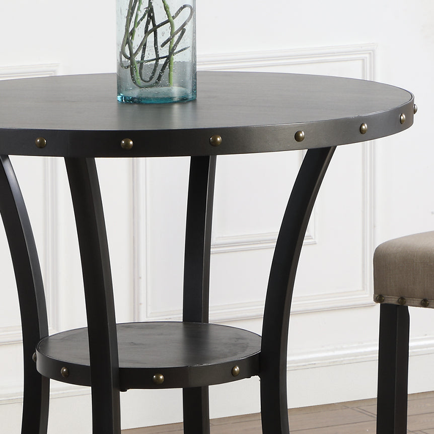 Biony 3-Piece 36" Round Espresso Finish Bar Table with 2 Gray Fabric Nail Head Pub Chairs