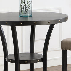 Biony 3-Piece 36" Round Espresso Finish Bar Table with 2 Blue Fabric Nail Head Pub Chairs