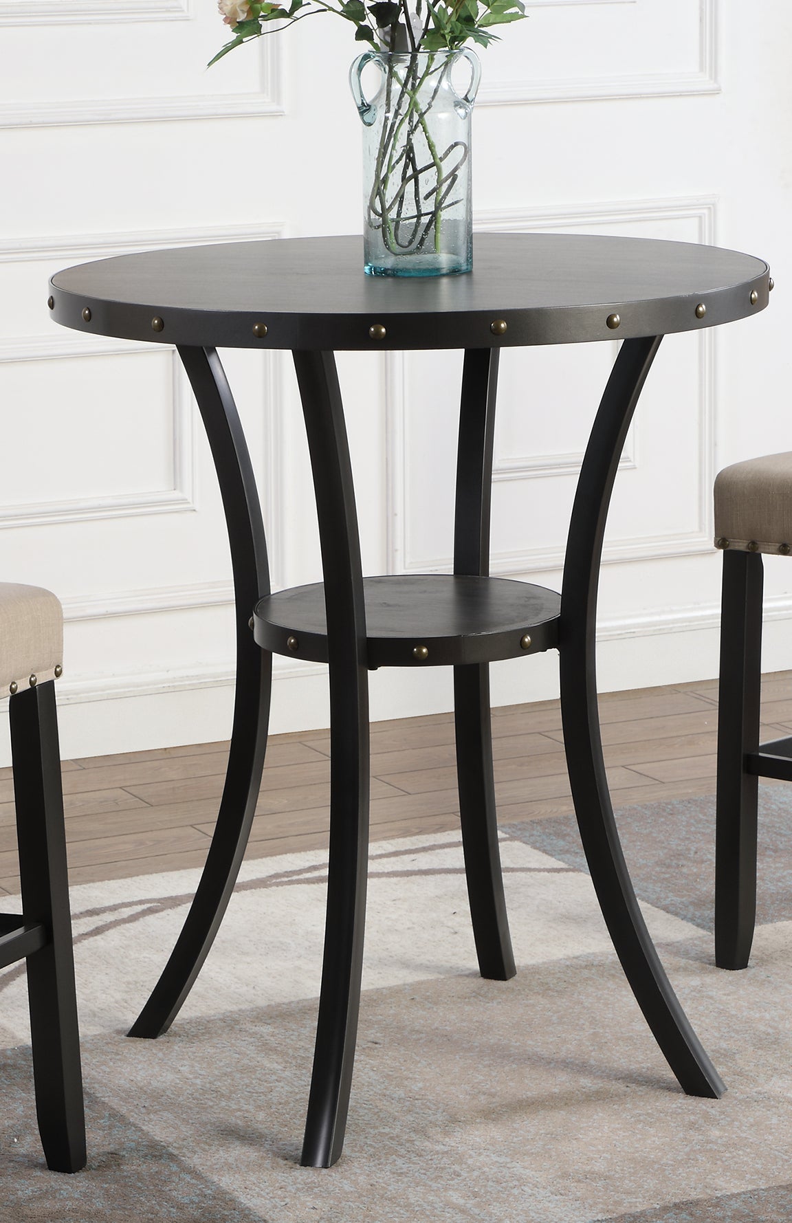 Biony 3-Piece 36" Round Espresso Finish Bar Table with 2 Blue Fabric Nail Head Pub Chairs