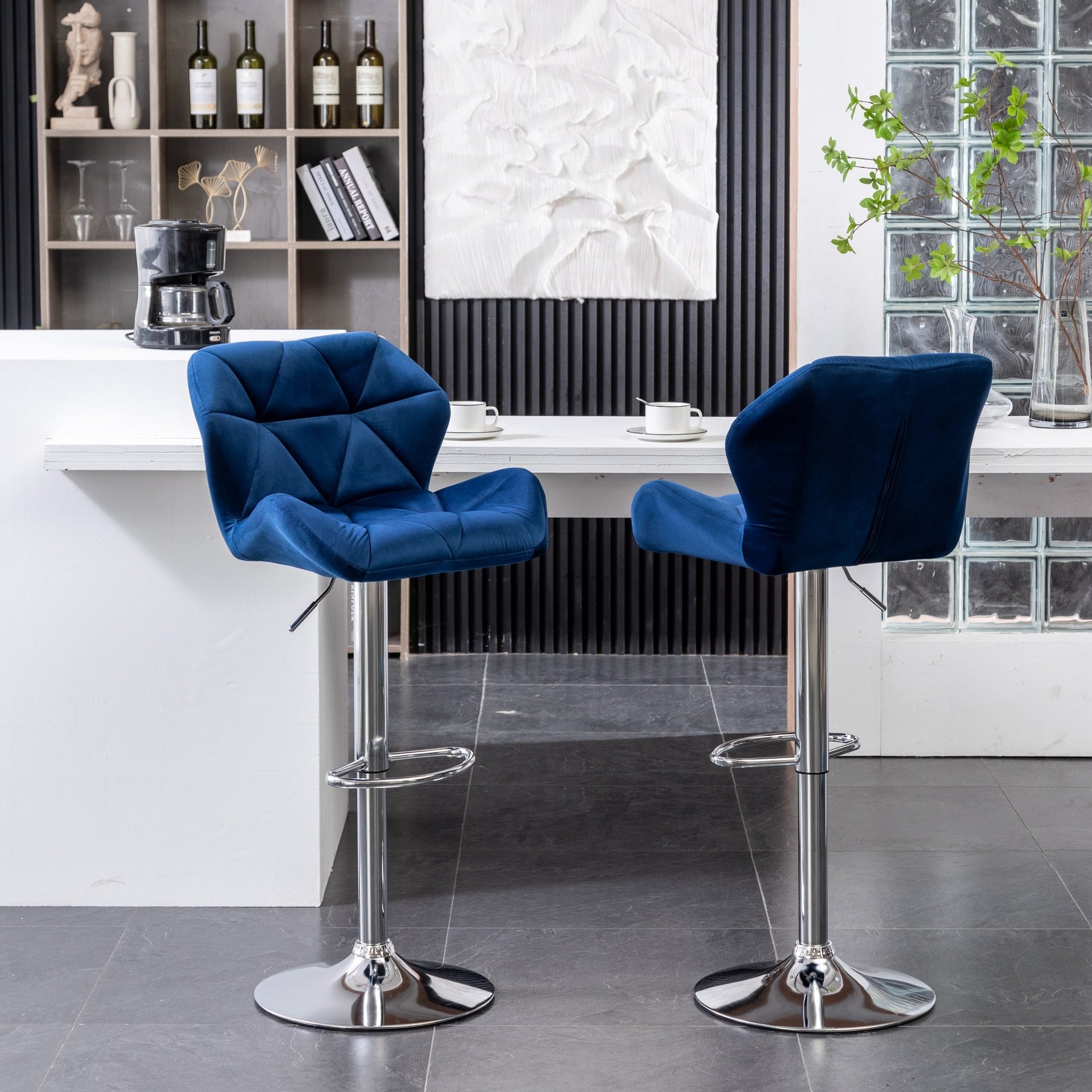 Breni Velvet Diamond Tufted Swivel Adjustable Height Barstool, Set of 2, Blue