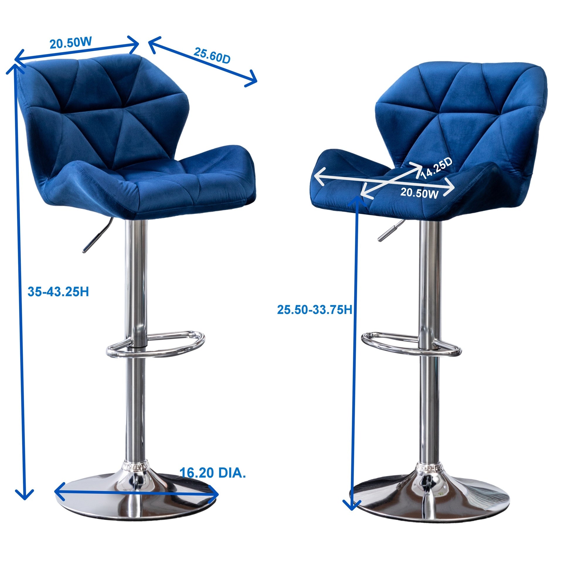 Breni Velvet Diamond Tufted Swivel Adjustable Height Barstool, Set of 2, Blue