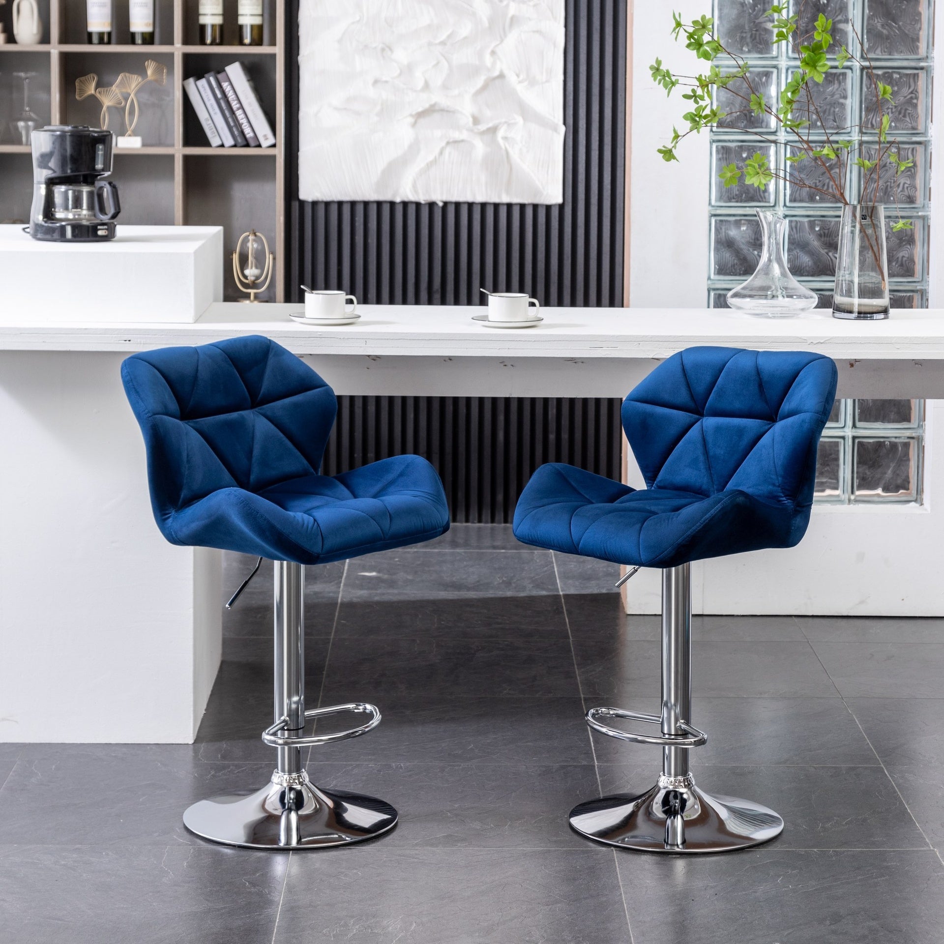 Breni Velvet Diamond Tufted Swivel Adjustable Height Barstool, Set of 2, Blue
