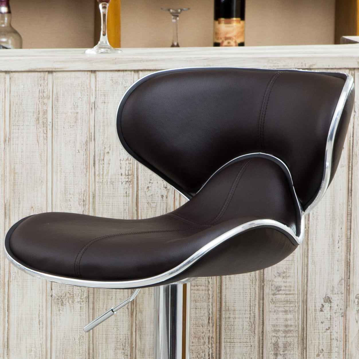 Masaccio Upholstery Airlift Adjustable Swivel Barstool with Chrome Base, Set of 2, Dark Brown