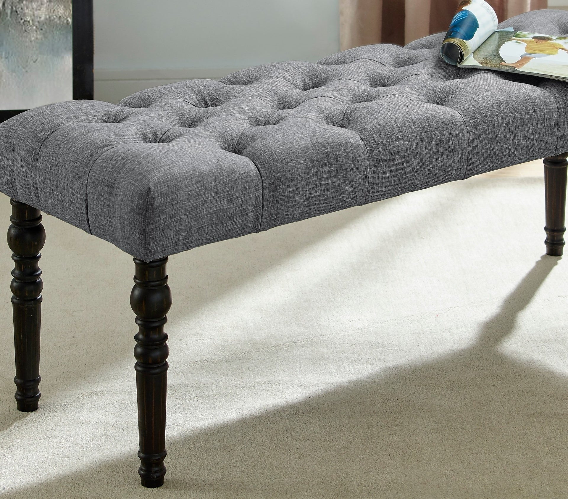 Leviton Fabric Tufted Turned Leg  Dining Bench, Gray