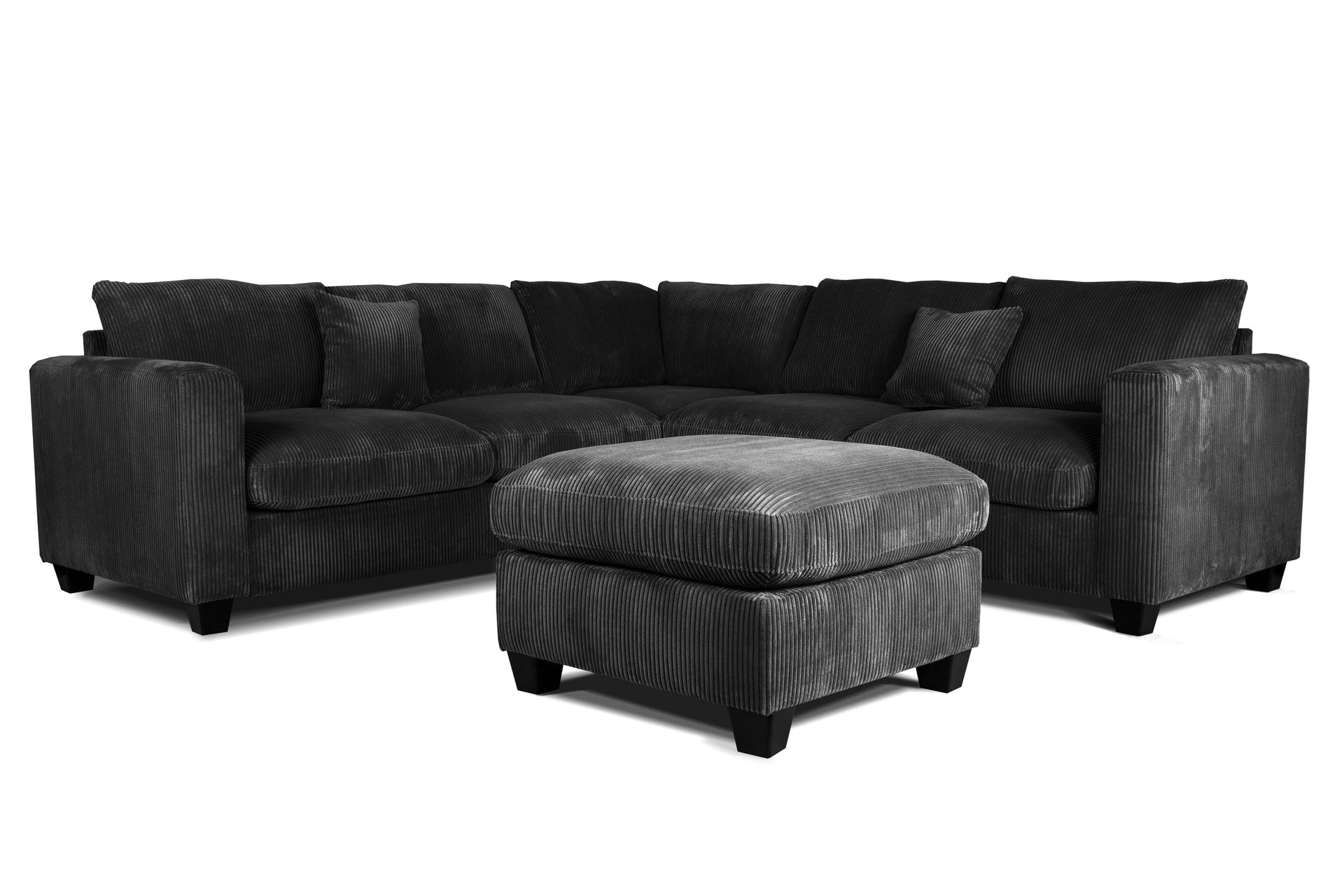 Modern Style L-Shaped 4pc Sectional Set Cocktail Ottoman Square Arms Throw Pillow Corduroy Upholstered Black Finish Primary Living Room