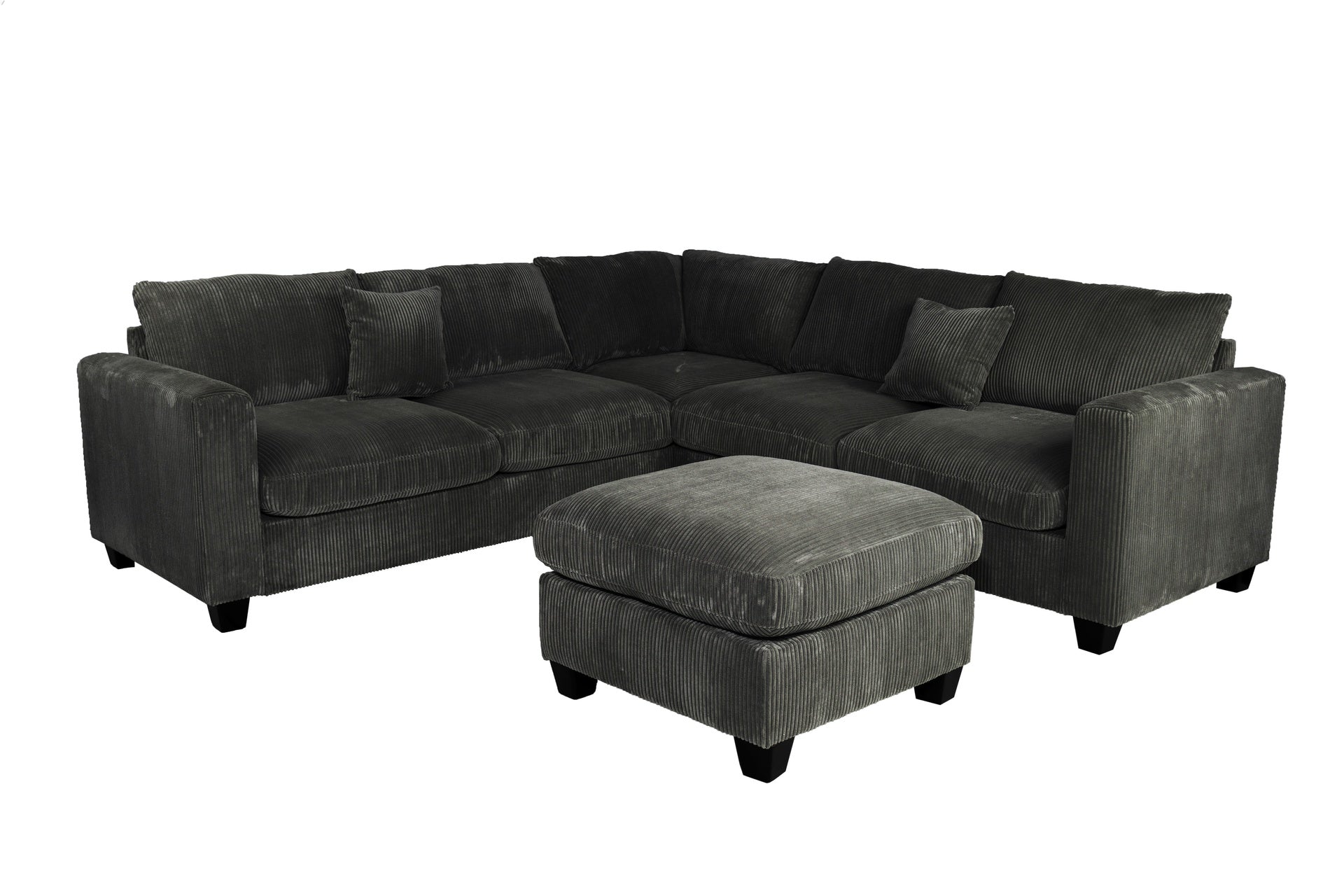Modern Style L-Shaped 4pc Sectional Set Cocktail Ottoman Square Arms Throw Pillow Corduroy Upholstered Black Finish Primary Living Room