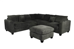 Modern Style L-Shaped 4pc Sectional Set Cocktail Ottoman Square Arms Throw Pillow Corduroy Upholstered Black Finish Primary Living Room