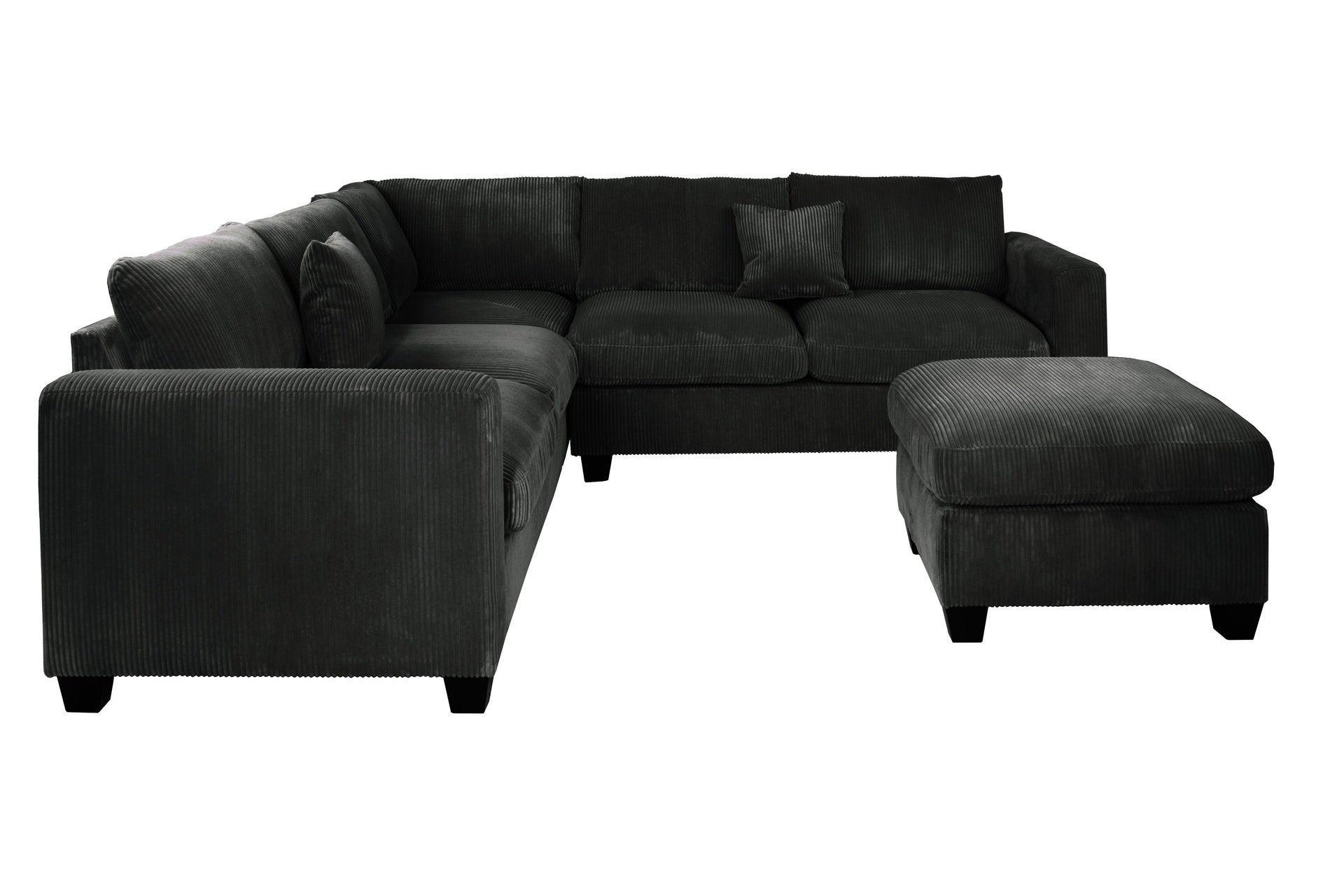 Modern Style L-Shaped 4pc Sectional Set Cocktail Ottoman Square Arms Throw Pillow Corduroy Upholstered Black Finish Primary Living Room