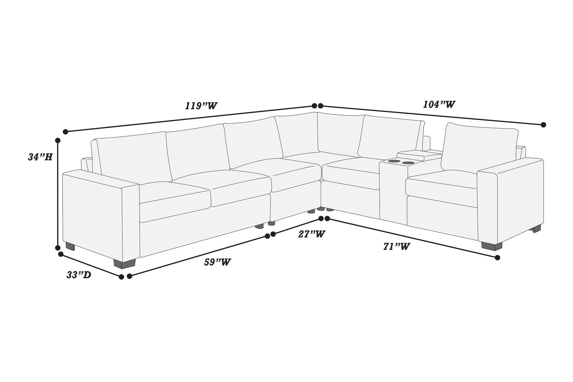Modern Style L-Shape 4pc Sectional Set Reversible Loveseat USB Ports Cup Holder Armless Chair Plastic Legs Corduroy Upholstered Black Finish Primary Living Room
