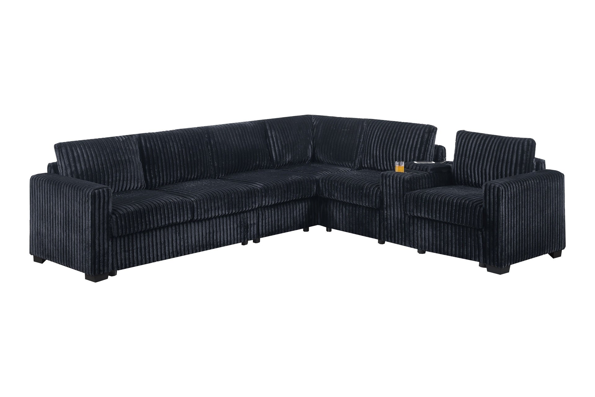 Modern Style L-Shape 4pc Sectional Set Reversible Loveseat USB Ports Cup Holder Armless Chair Plastic Legs Corduroy Upholstered Black Finish Primary Living Room