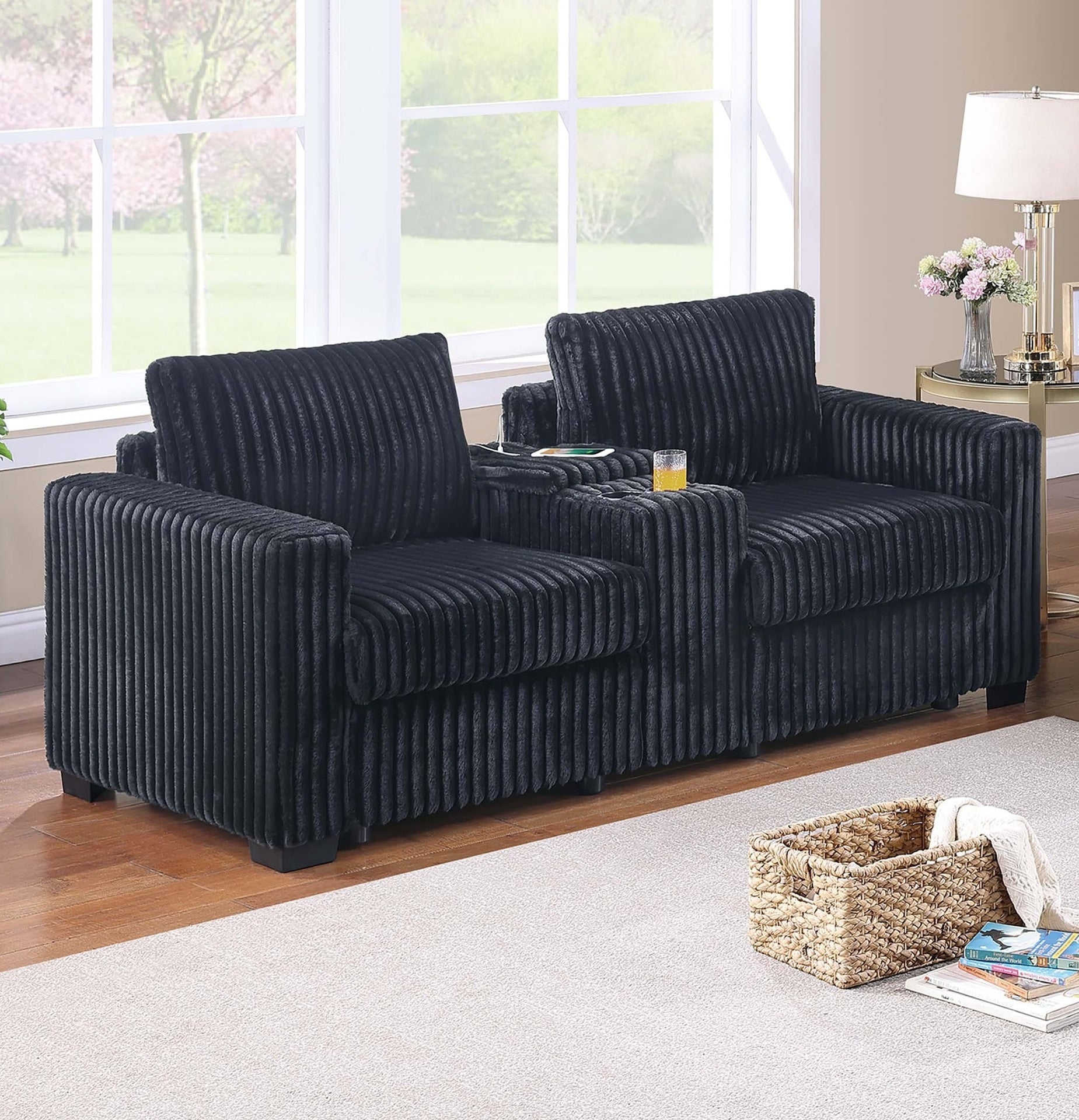 Modern Style 2pc Sofa Set 1x Sofa 1x Loveseat Back Cushion Plastic Legs Cup Holders Charging Port  Corduroy Upholstered Black Finish Primary Living Room