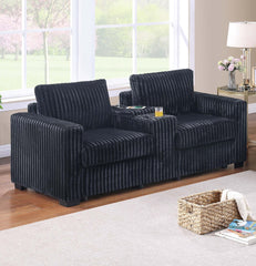 Modern Style 2pc Sofa Set 1x Sofa 1x Loveseat Back Cushion Plastic Legs Cup Holders Charging Port  Corduroy Upholstered Black Finish Primary Living Room