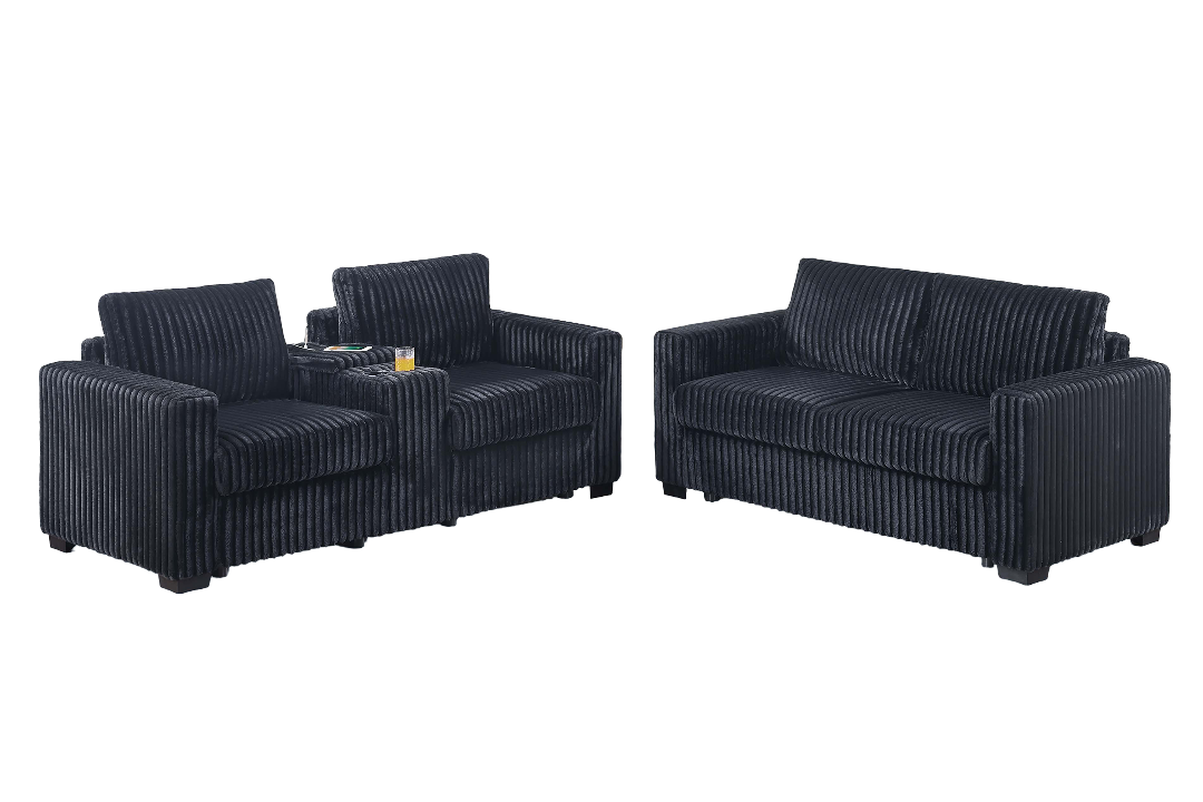 Modern Style 2pc Sofa Set 1x Sofa 1x Loveseat Back Cushion Plastic Legs Cup Holders Charging Port  Corduroy Upholstered Black Finish Primary Living Room