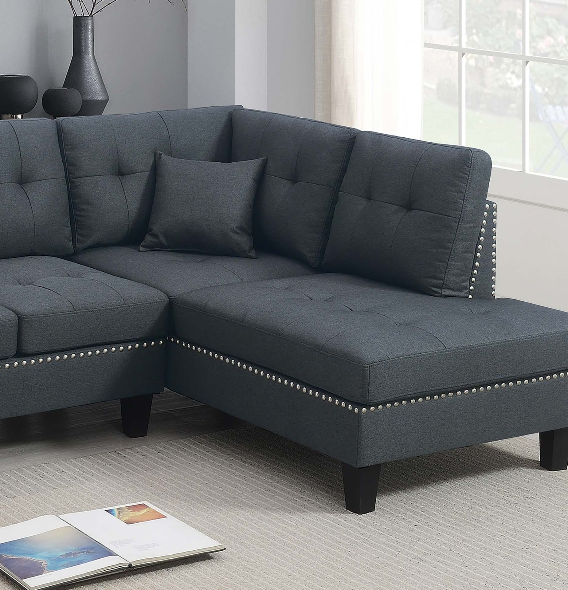 Modern Style 2pc Sectional Set Nailhead Trim Two Matching Accent Pillows Plastic Legs Left Arm Three Seat Sofa Charcoal Finish Primary Living Room