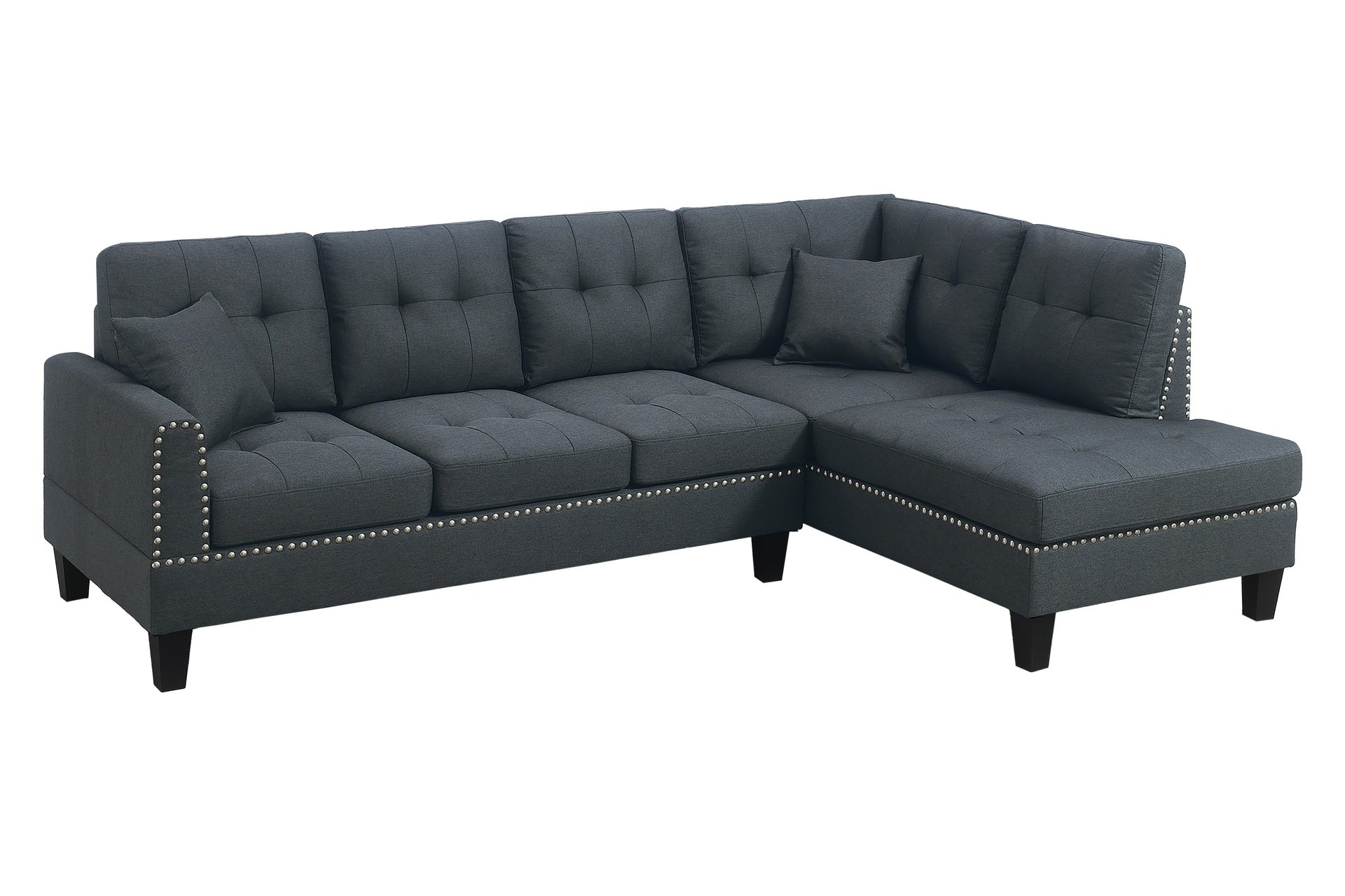 Modern Style 2pc Sectional Set Nailhead Trim Two Matching Accent Pillows Plastic Legs Left Arm Three Seat Sofa Charcoal Finish Primary Living Room