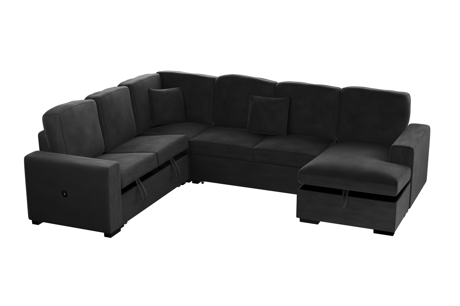 Modern Design 4pc Convertible Sectional Storage Compartment Matching Pillow Pull Out Bed USB Port Corduroy Upholstered Black Finish Primary Living Room