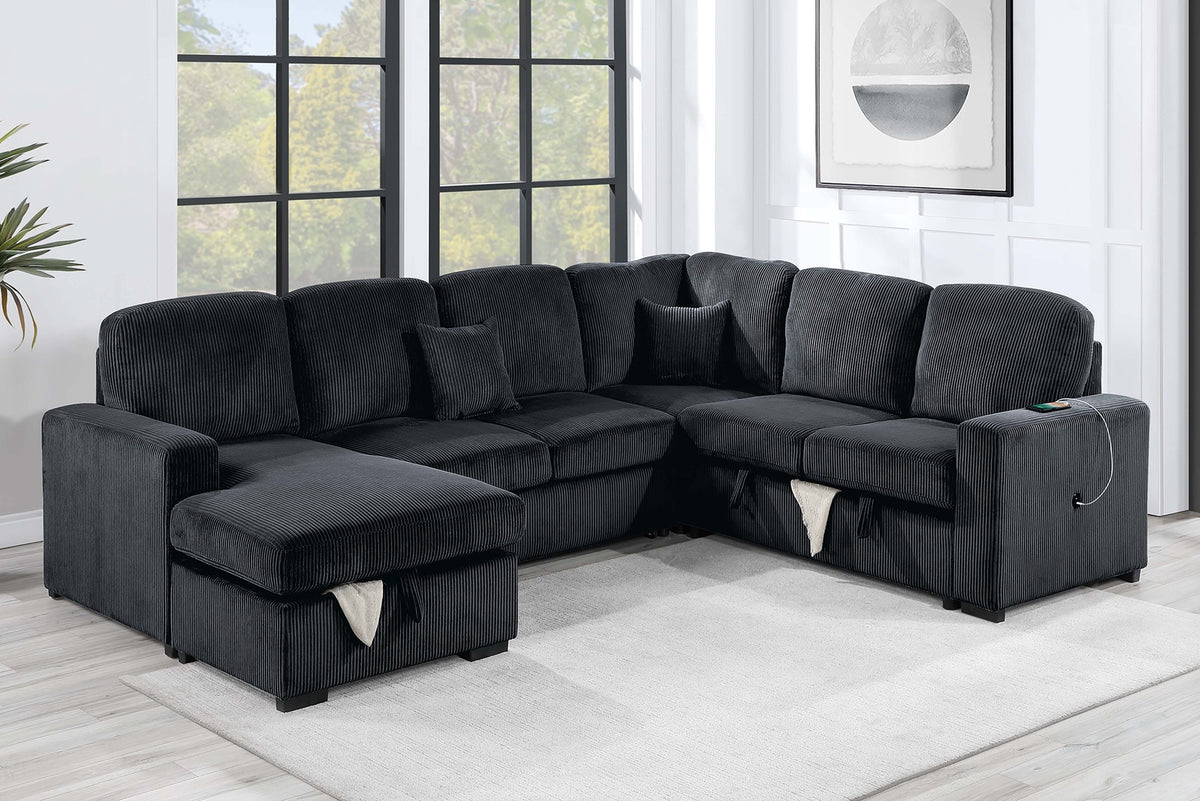 Modern Design 4pc Convertible Sectional Storage Compartment Matching Pillow Pull Out Bed USB Port Corduroy Upholstered Black Finish Primary Living Room