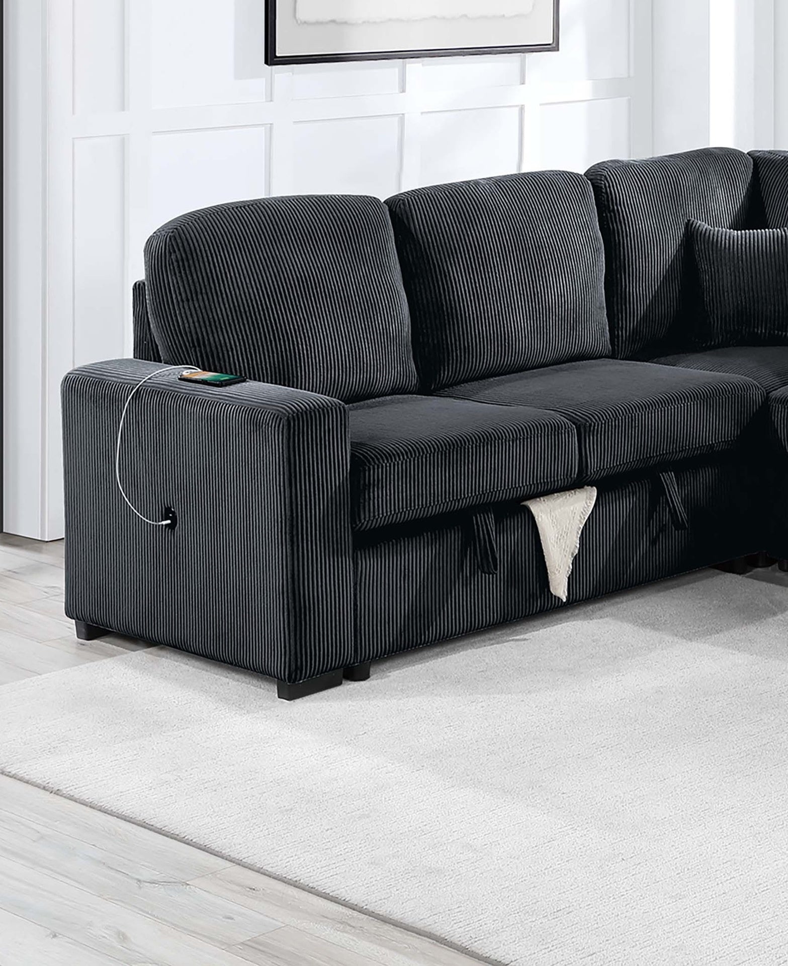 Modern Design 4pc Convertible Sectional Storage Compartment Matching Pillow Pull Out Bed USB Port Corduroy Upholstered Black Finish Primary Living Room