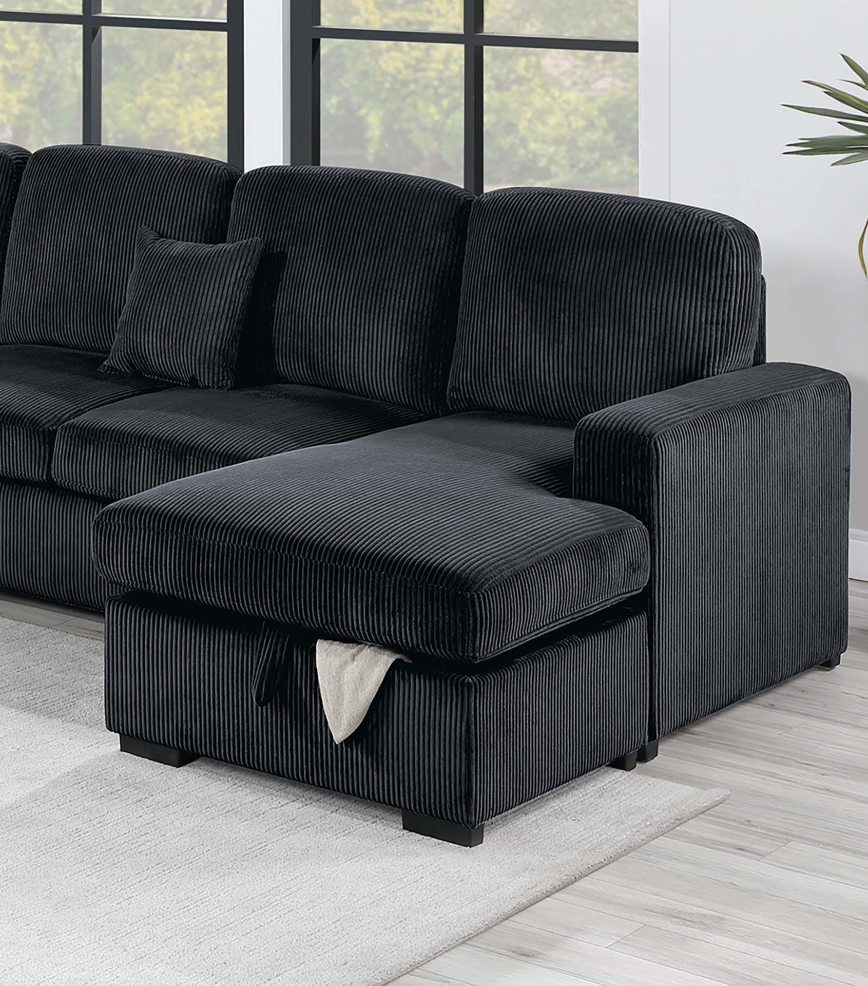 Modern Design 4pc Convertible Sectional Storage Compartment Matching Pillow Pull Out Bed USB Port Corduroy Upholstered Black Finish Primary Living Room
