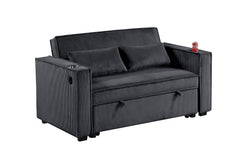 Modern Style Convertible Sofa Extension Legs Flatten Backrest Matching Pillows Cup Holders On Armrest USB Ports Black Finish Primary Living Room