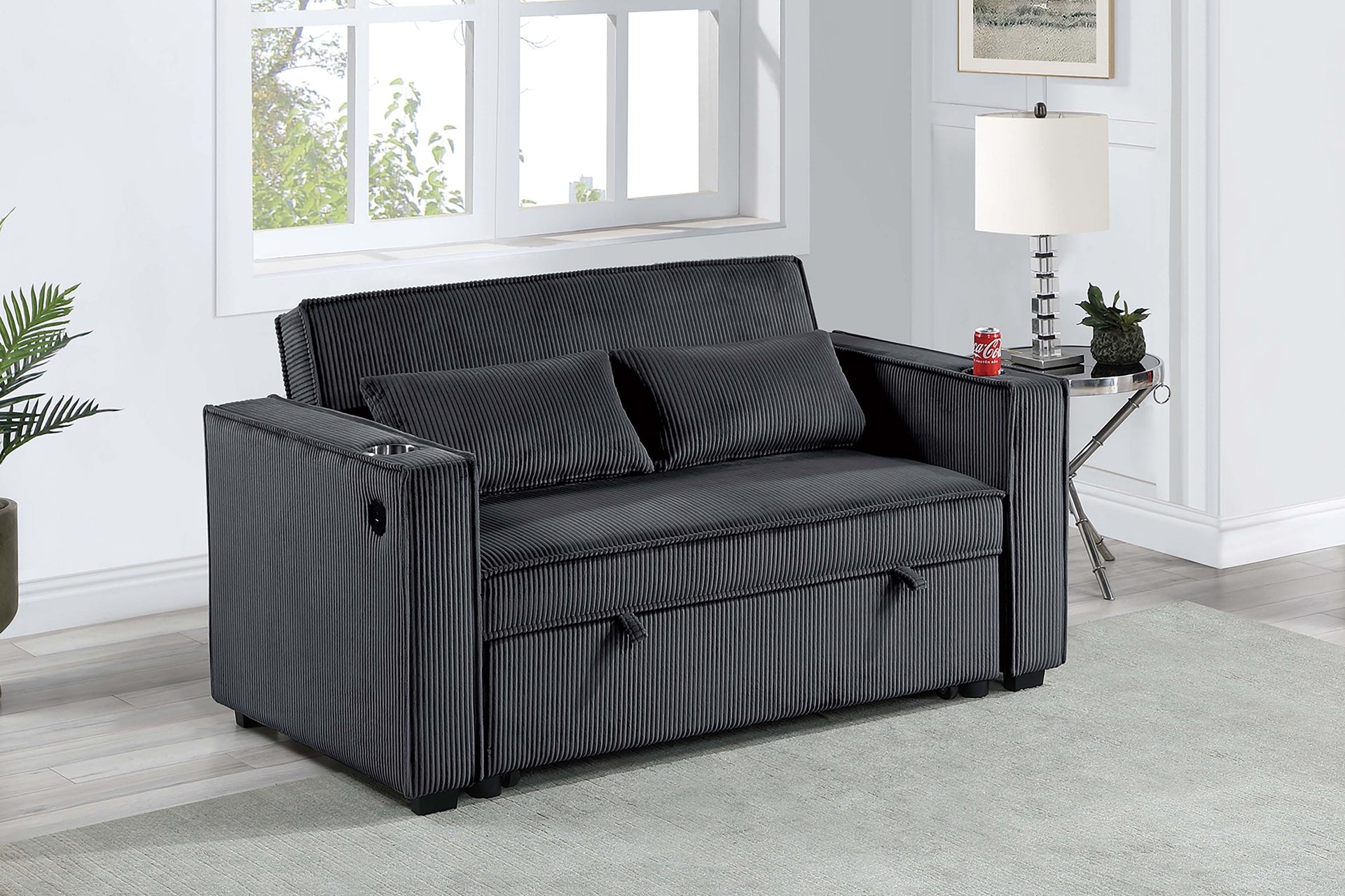 Modern Style Convertible Sofa Extension Legs Flatten Backrest Matching Pillows Cup Holders On Armrest USB Ports Black Finish Primary Living Room